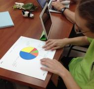 A girl looks at a pie chart.