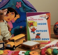 Picture of items in a literacy kit, including books, blocks, and toys