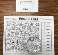 Read and Find worksheet with hand-held magnifier