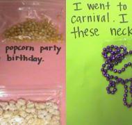 Pages from experience book: popcorn and carnival necklace.
