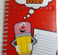 "Build a Story" cover page with animated pencil on a piece of paper with a red background