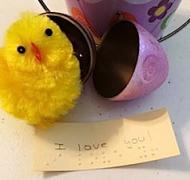yellow chick next to open purple plastic egg with a note in braille "I love you"