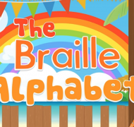 The Braille Alphabet screen shot of the video with title and rainbow/sky behind it.