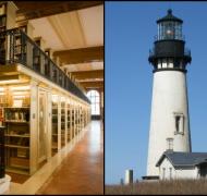 lighthouse and a library side by side