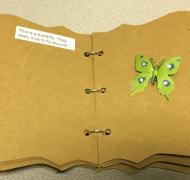 a board book with text on one page describing butterflies, and a plastic butterfly glued to the other