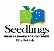 Seedlings logo with an open book and leaves behind it and under the Seedlings title reads braille books for children
