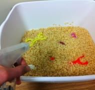 student spraying into a bowl full of rice crispies and toys