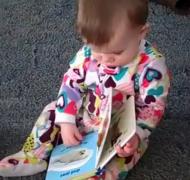 A toddler handling a board book