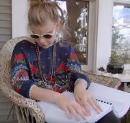 Reading braille book on porch