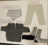 Tactile symbols with print and braille labels for underwear, pants, shirt, and socks