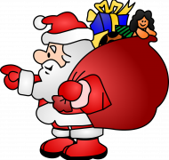 Illustration of Santa Claus with bag of wrapped presents on his back