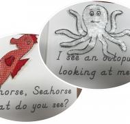 Sample pages from book showing seahorse and octopus