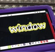 The word "window" with yellow bubble letters