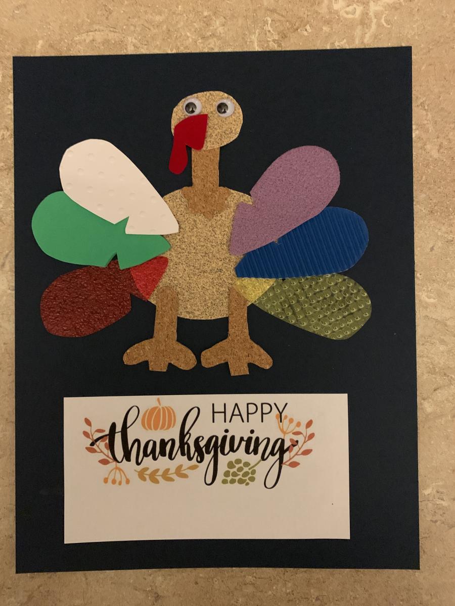 Finished tactile turkey with "Happy Thanksgiving" message