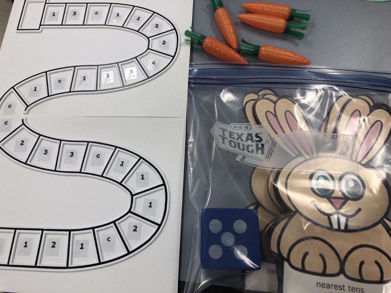 bunny cards, game board, and carrots
