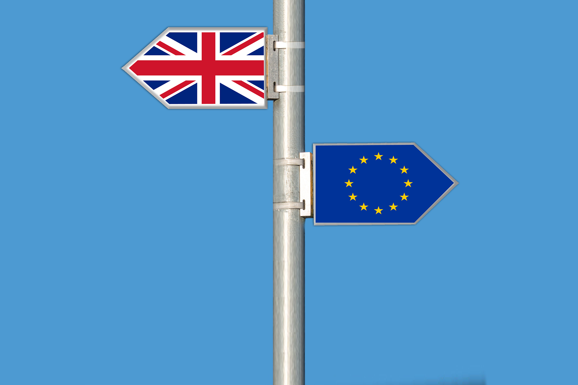 a sign post with one sign showing the British flag and one flag showing the EU flag