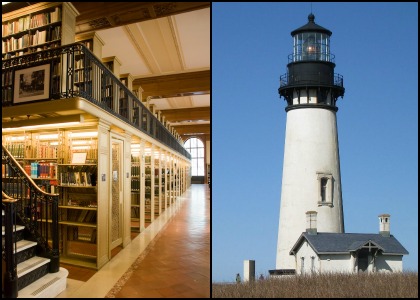 lighthouse and a library side by side