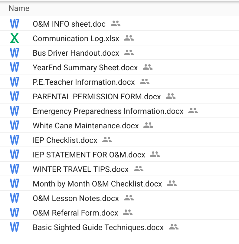 Screenshot of Orientation and Mobility documents on Google Drive