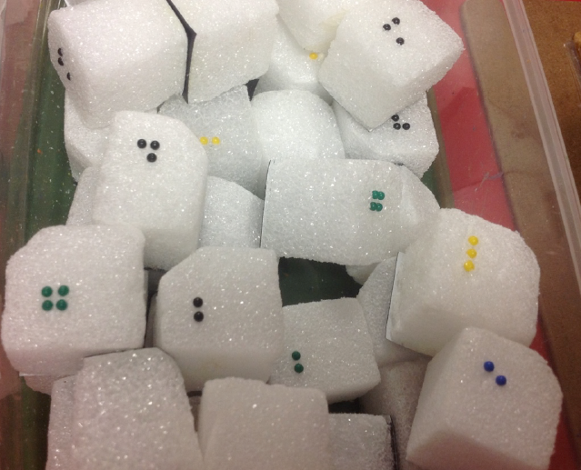 sugar cubes to represent smaller braille cells 