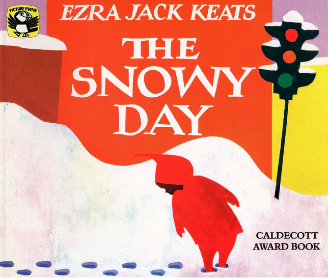 The Snow Day book cover with a little boy outside in the snow looking down at his footprints