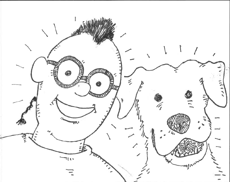 Black and white drawing of a teenage boy and a dog