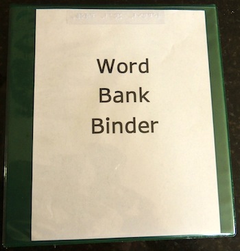 Binder with text on the front "Word Bank Binder"