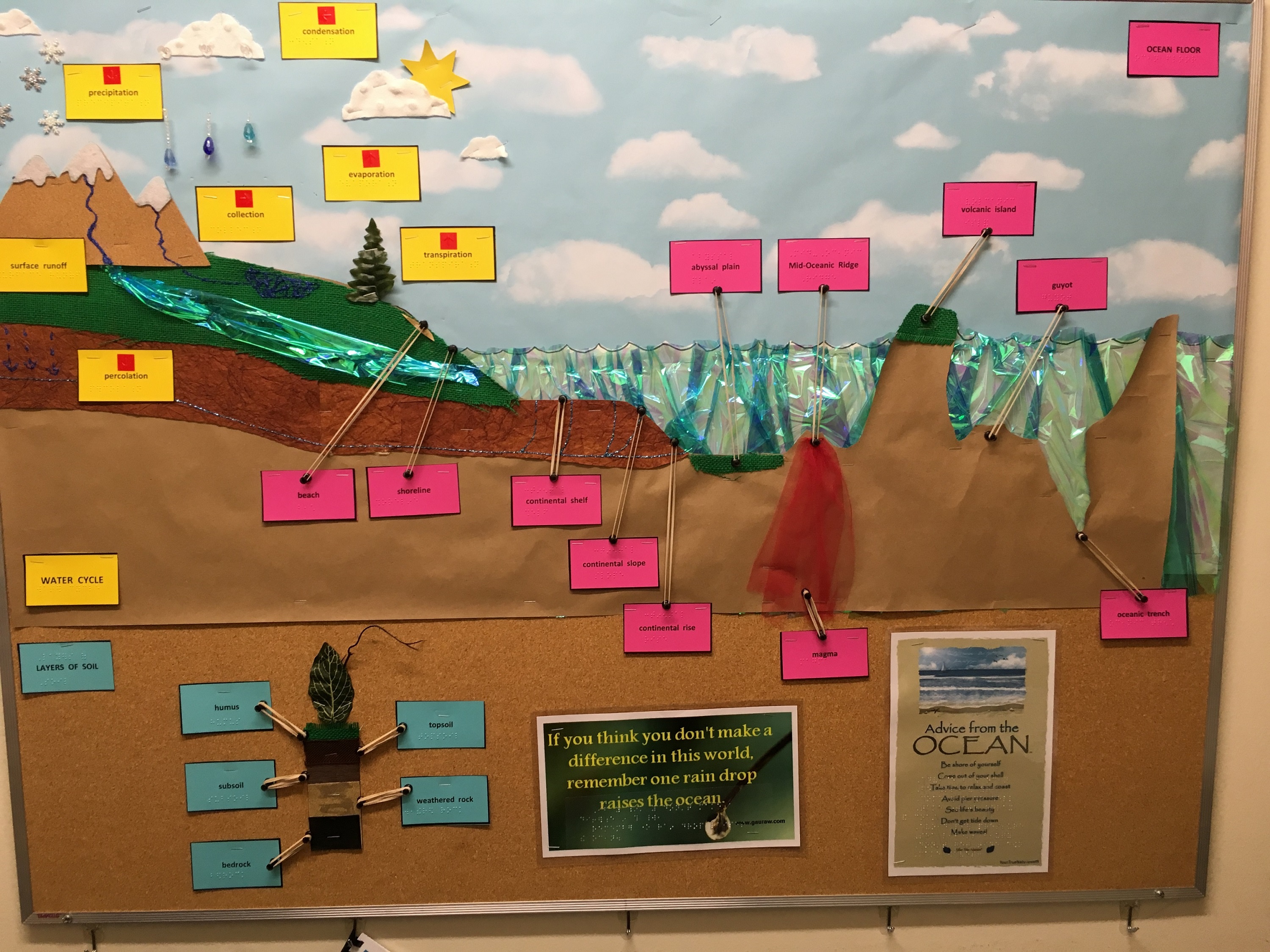 bulletin board with a scene and labels depicting the water cycle
