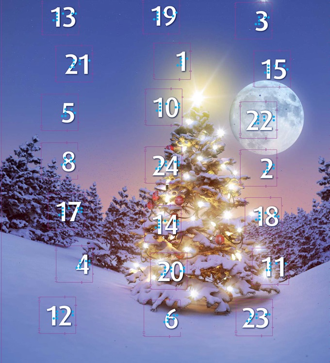 braille advent calendar with snow and Christmas tree