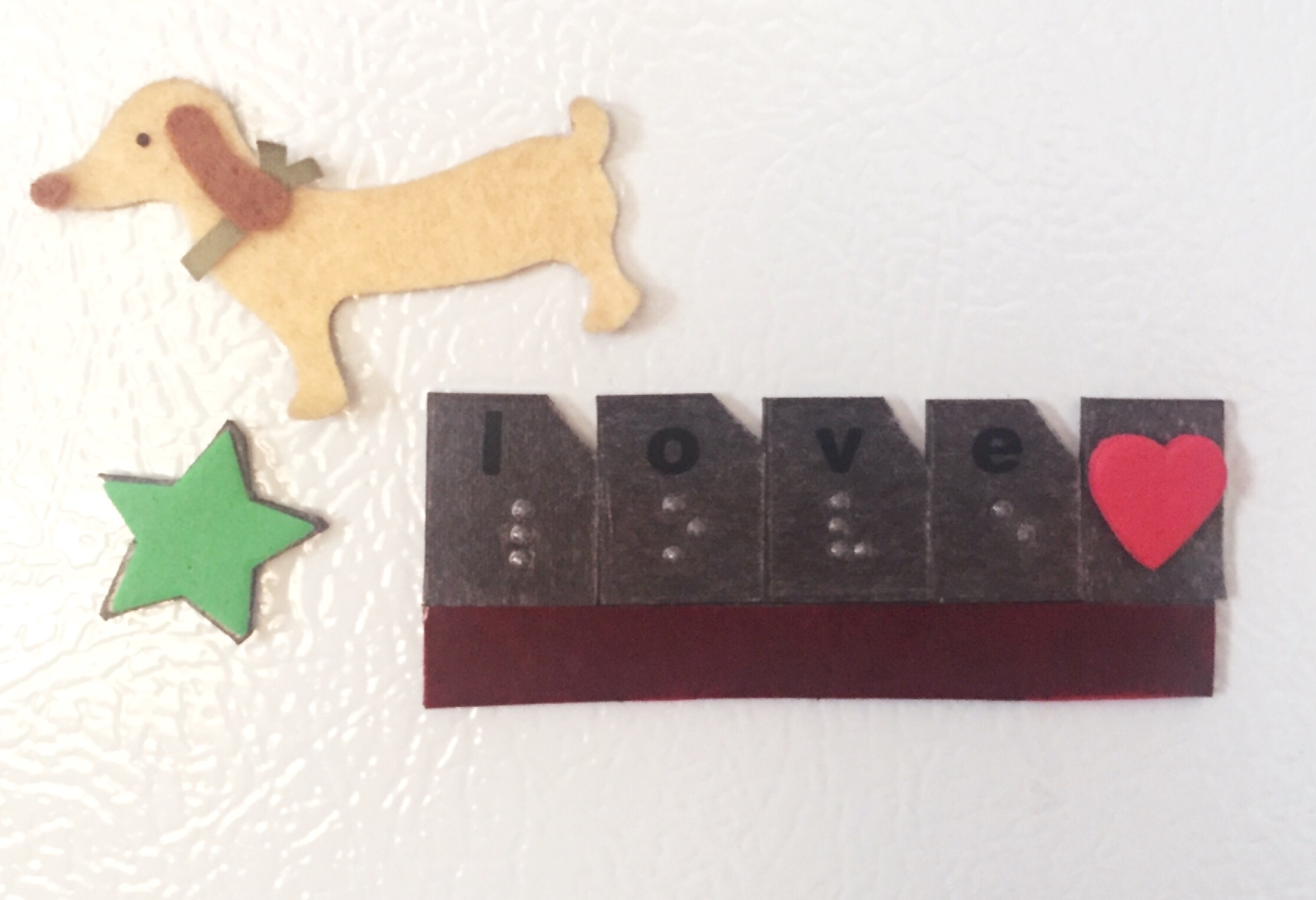 Fridge magnets, braille letters spell love with tactile heart, also star magnet and dachshund magnet
