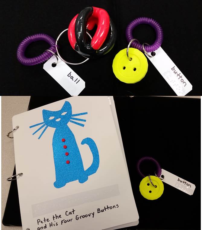 Top: 2 object key chains with braille tags (Ball and Button). Bottom: Adapted Pete the Cat book with paired object (button).