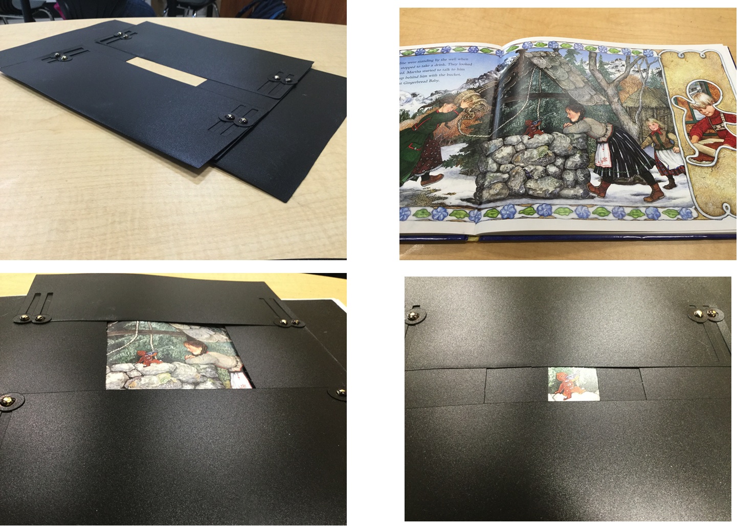 4 images: plain occluder, busy picture book, occluder with large opening, occluder with small opening