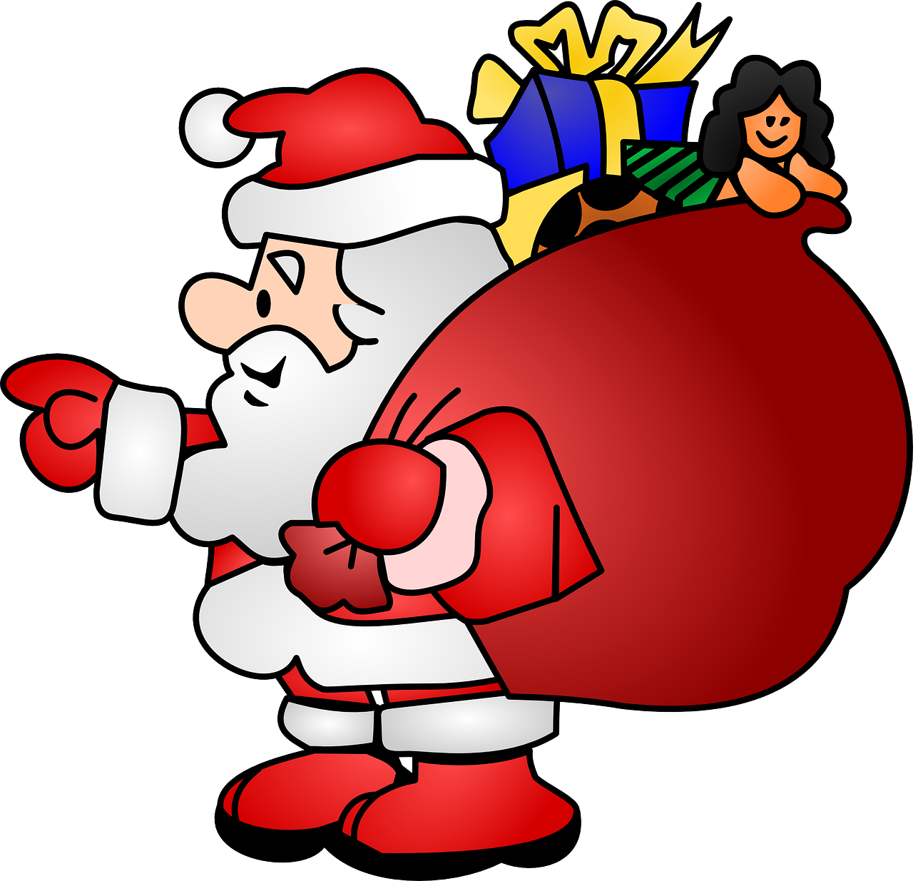 Illustration of Santa Claus with bag of wrapped presents on his back