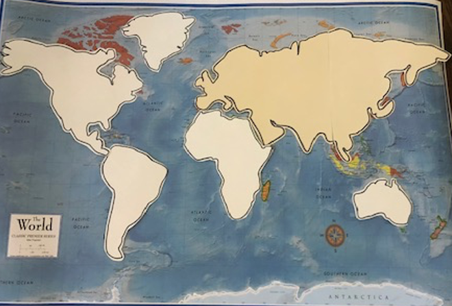 World map with tactile overlays