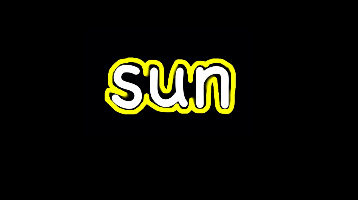 The word "sun" in white text outlined with yellow bubble letters