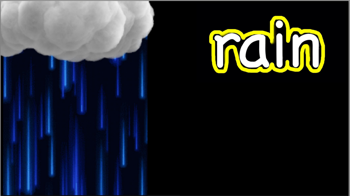 Image of cloud with blue rain and word "rain" outlined in yellow